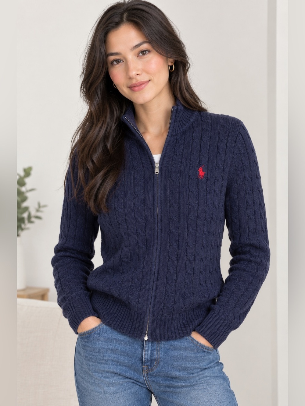 Polo by Ralph Lauren Navy Cable-Knit Full-Zip Sweater with Red Pony